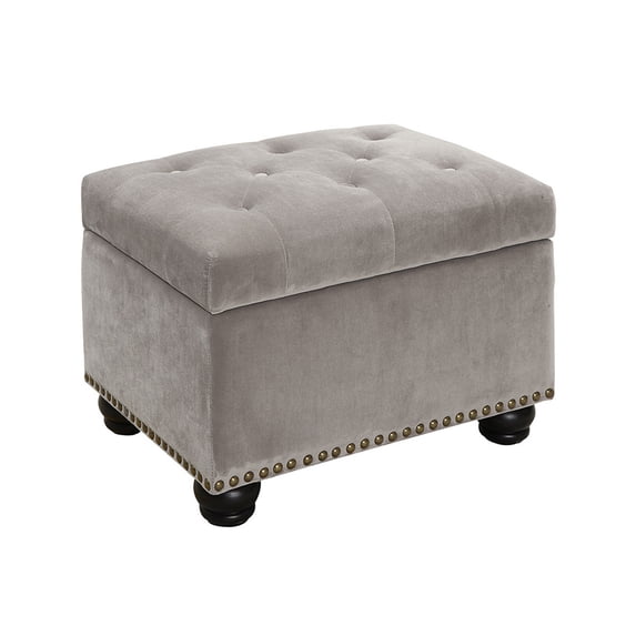 Homestock Mid-Century Marvel Storage Ottoman, Button Tufted Hinged Lid With Nailhead Trim, Faux Linen Upholstery, Solid Wood Turned Feet, 24" W X 18" D X 18" H