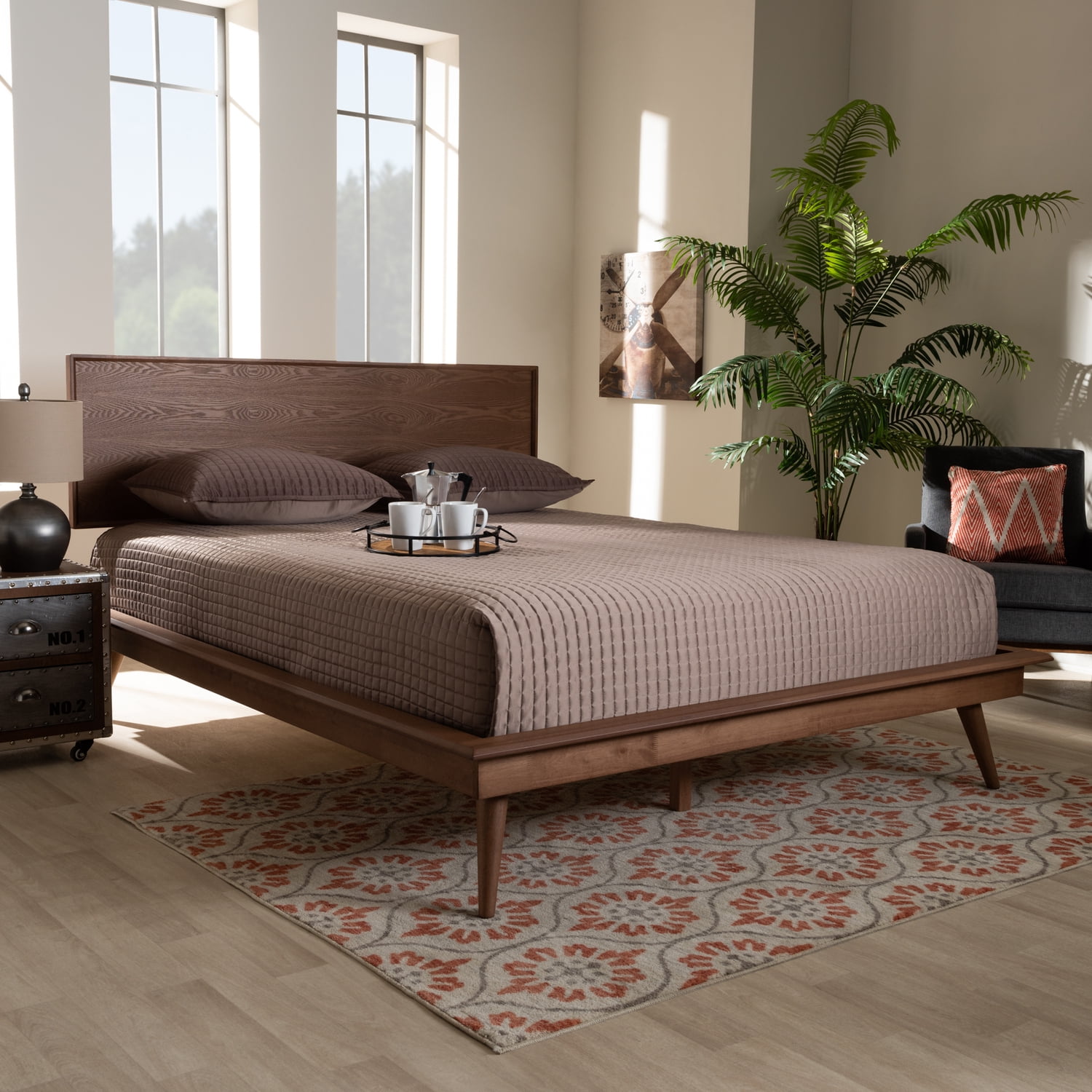 King Size Platform Bed Wood Frame - Mid Century Modern Design, Sturdy Headboard & Slats Included