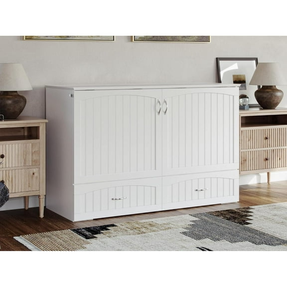 Murphy Bed Chest Solid Wood Modern Bed with Mattress & Storage - White Finish