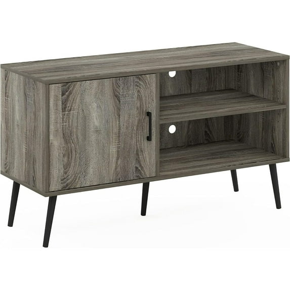 HomeStock Mid Century Style TV Stand - Features Wood Legs, One Cabinet, and Two Shelves in French Oak Gray Finish, Perfect for Sleek and Modern Living Rooms-Finish:French Oak Gray