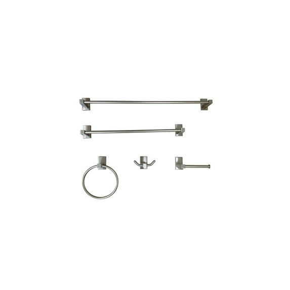 Modern Bathroom Accessory Set - 5-Piece Brushed Nickel Rectangular Design - Soap, Towel, Ring, Hook, Holder