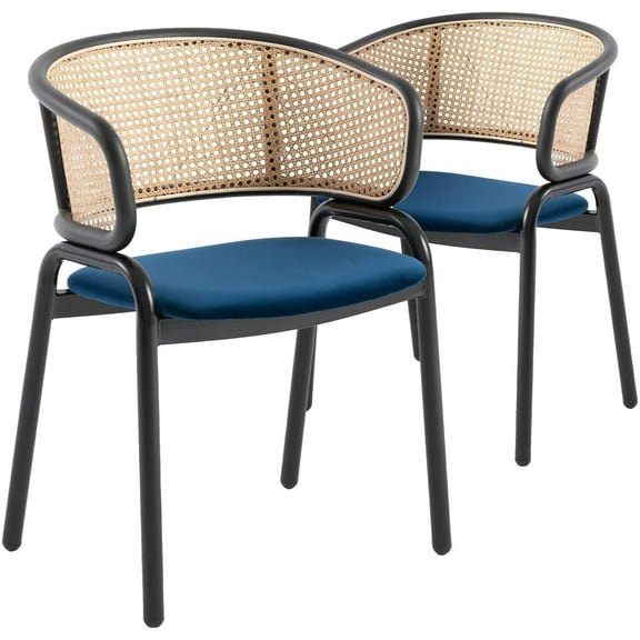 Mid Century Modern Arm Chairs - Velvet Seat & Wicker Back - Dining Room Accent Chairs - Set of 2 - Navy Blue