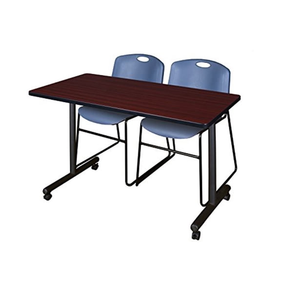 HomeStock Modern Marvel 24" Mobile Training Table in Mahogany Finish with 2 Zeng Stack Chairs in Blue Ideal for Office Training Sessions and Team Collaboration