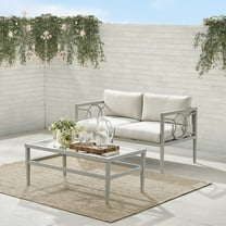 Patio Furniture Set - 2 Piece Metal Loveseat & Coffee Table - Outdoor Conversation Set - Gray & Creme-Color:Creme/Gray