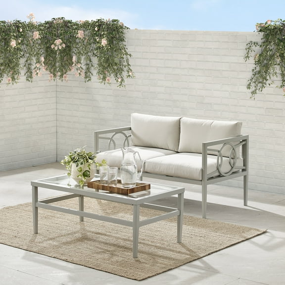 Patio Furniture Set - 2 Piece Metal Loveseat & Coffee Table - Outdoor Conversation Set - Gray & Creme-Color:Creme/Gray