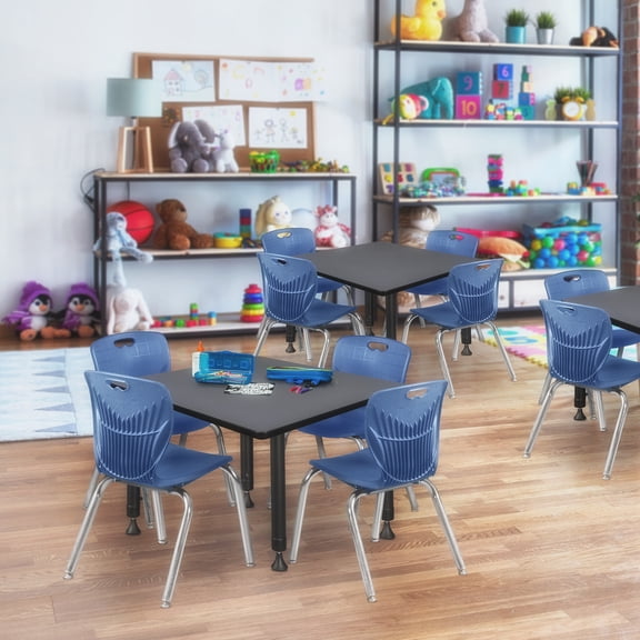 HomeStock Modern Marvel 42" Square Height Adjustable Classroom Table in Grey with 4 Navy Blue 12-in Stack Chairs for Contemporary Learning Areas