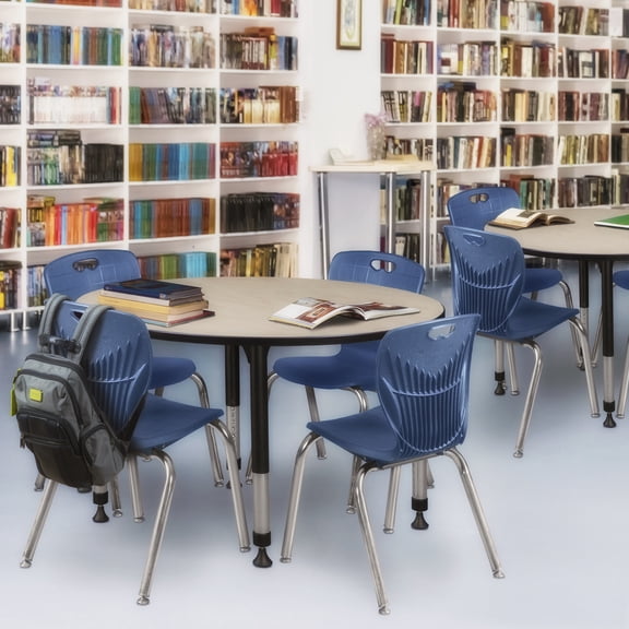 HomeStock Modern Marvel 48" Round Height Adjustable Classroom Table in Maple with 4 Navy Blue 18-in Stack Chairs for Innovative Educational Settings