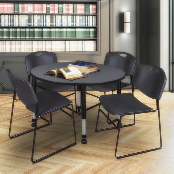HomeStock Modern Marvel 48" Round Height Adjustable Mobile Classroom Table in Grey with 4 Zeng Stack Chairs Black Ideal for Today?s Group Environments