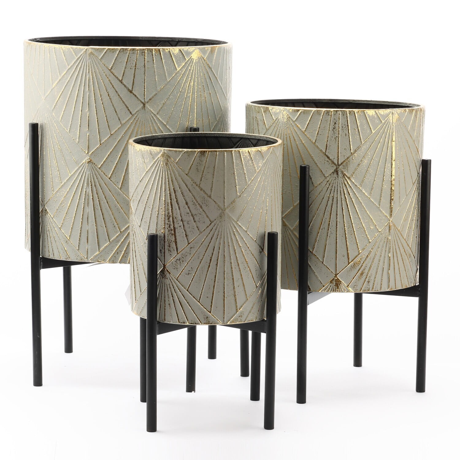 Set of 3 Gray and Gold Metal Cachepot Planters with Black Stands