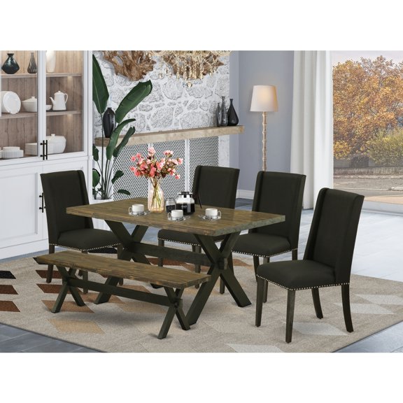 Modern 6-Piece Dining Set - Black Linen Chairs, BenchTable - Hardwood Legs