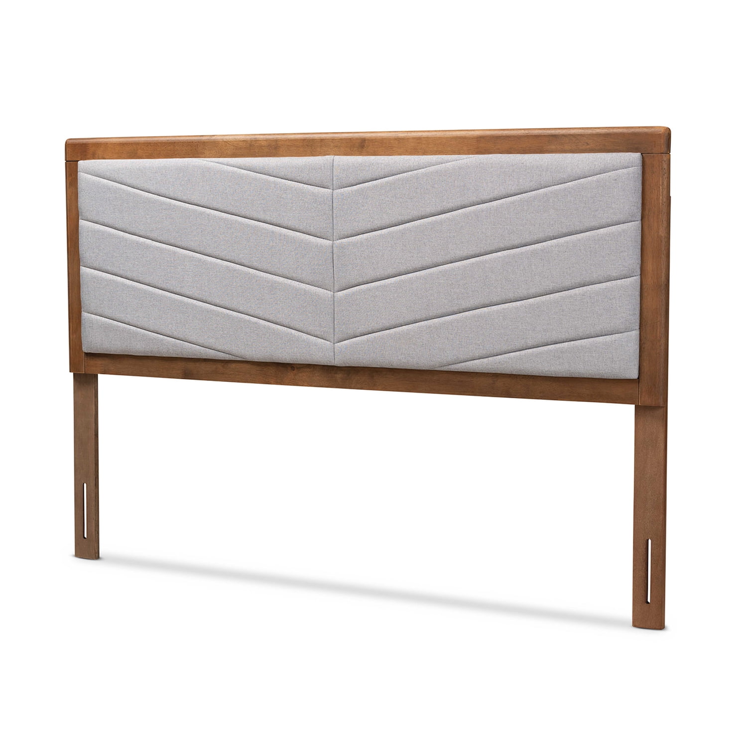 Light Grey Chevron Tufted Fabric and Walnut Wood Full Headboard