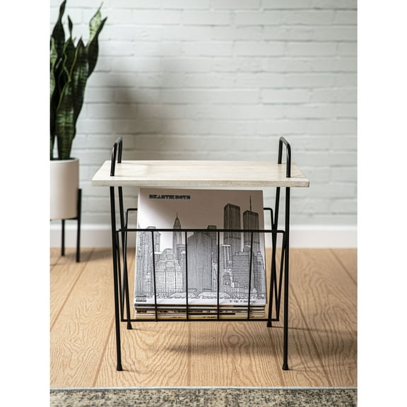 HomeStock Modern Minimalism Turntable Stand with Record Storage, Natural, 20"D x 22"W x 16"H, Black Wire Base, Industrial Style Construction, Modern Media Storage Furniture