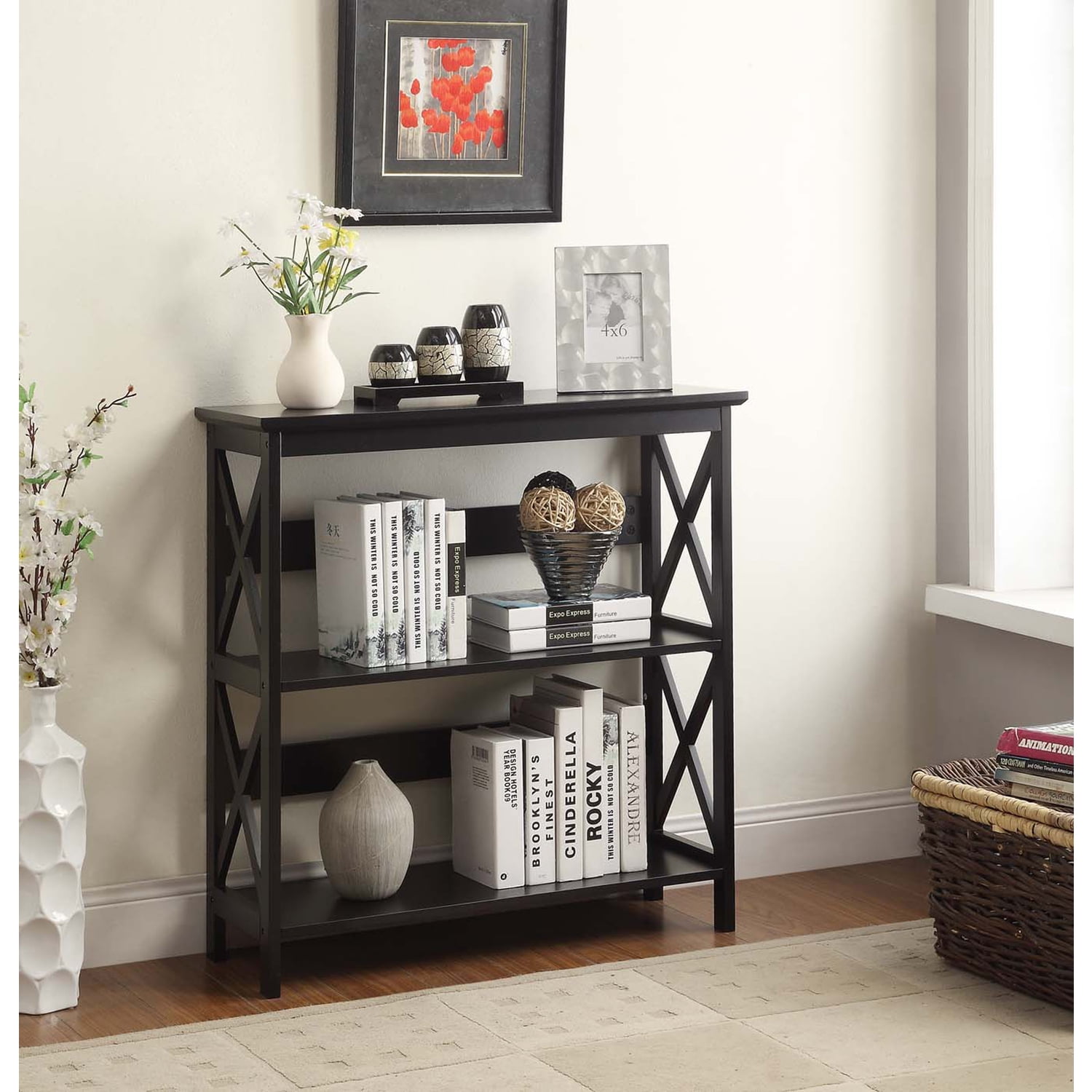 HomeStock Art Nouveau Allure Bookcase - Modern Design with Spacious Shelves, Enhance Your Home Decor with Style-Color:Black,Size:3 Tier with Open Shelves