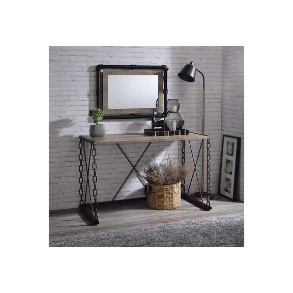 HomeStock Modern Motifs Rustic Oak and Antique Black Metal Chain Desk Rectangular Writing Table with Wooden Top and 88lbs Weight Capacity 48"x24"x28"