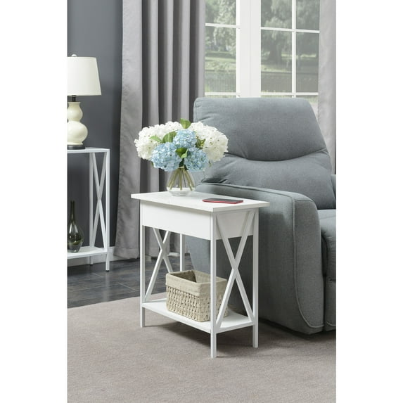 HomeStock Modern Motifs Flip Top Table with Charging Station 2 USB Ports 2 Outlets Cable Management Shelf for Storage White Finish 23.75"x11.25"x24"