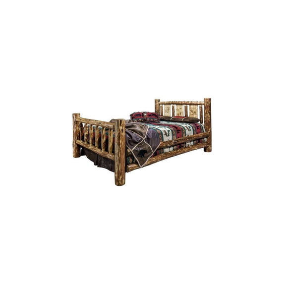 HomeStock Modern Motifs Queen Spindle Style Log Bed with Rustic Laser Engraved Bear Design and Mortise and Tenon Joinery, Stained, Lacquered Wood, 94"L x 66"W x 47"H