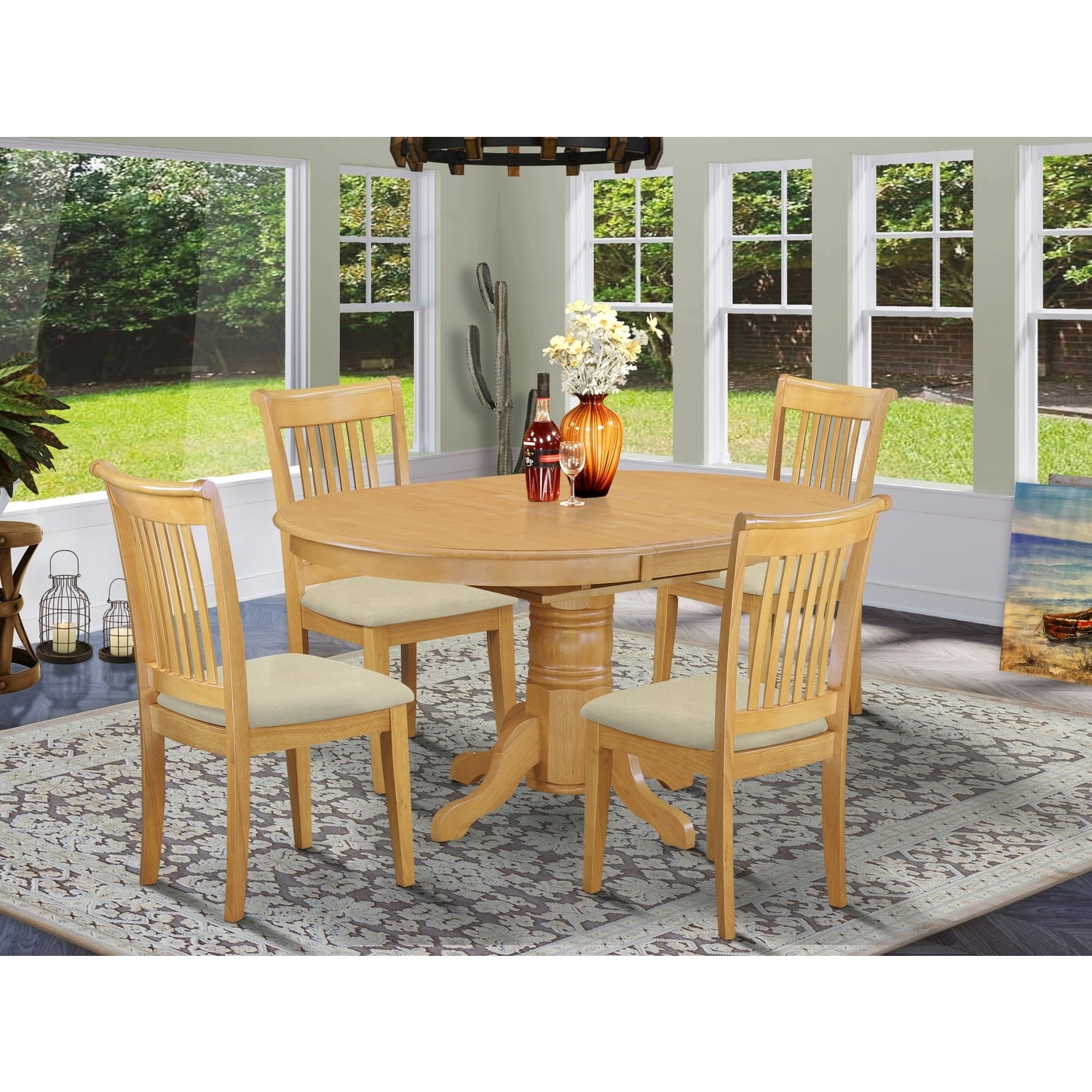 Modern 5 Piece Dining Set - Round Table & 4 Chairs - Oak Finish ...