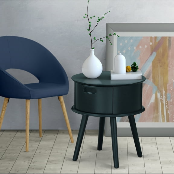 HomeStock Modern Muse Round Night Stand End Table With Drawer In Navy Blue Finish