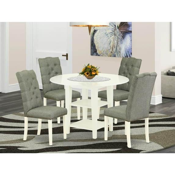 Mountain Lodge 5-Piece Dining Set - Round Table & 4 Parsons Chairs - Linen White & Smoke Finish
