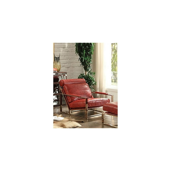 HomeStock Mountain Lodge Accent Chair, Antique Red Top Grain Leather & Stainless Steel
