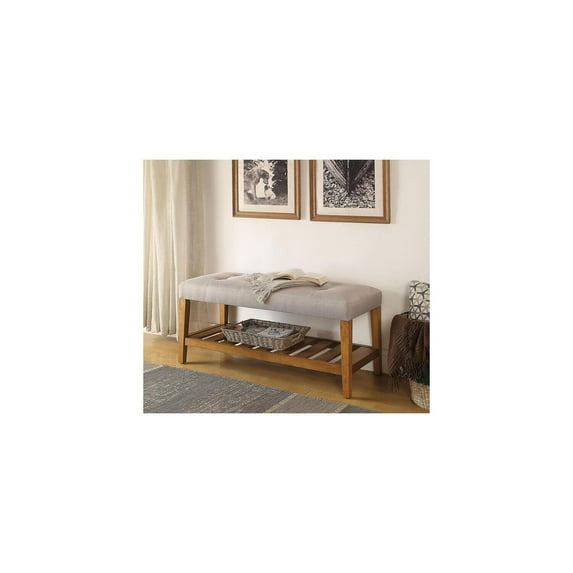 HomeStock Classic Charm Upholstered Entryway Bench with Tufted Padded Seat and Lower Storage Shelf for Shoes or Decor-Color:Light Gray