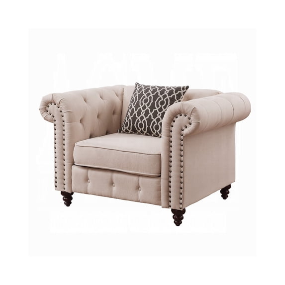HomeStock Mountain Lodge Chair w/1 Pillow, Beige Linen - 45"L x 33"D x 30"H, Classic Button Tufts & Plush Arms, Stylish and Comfortable