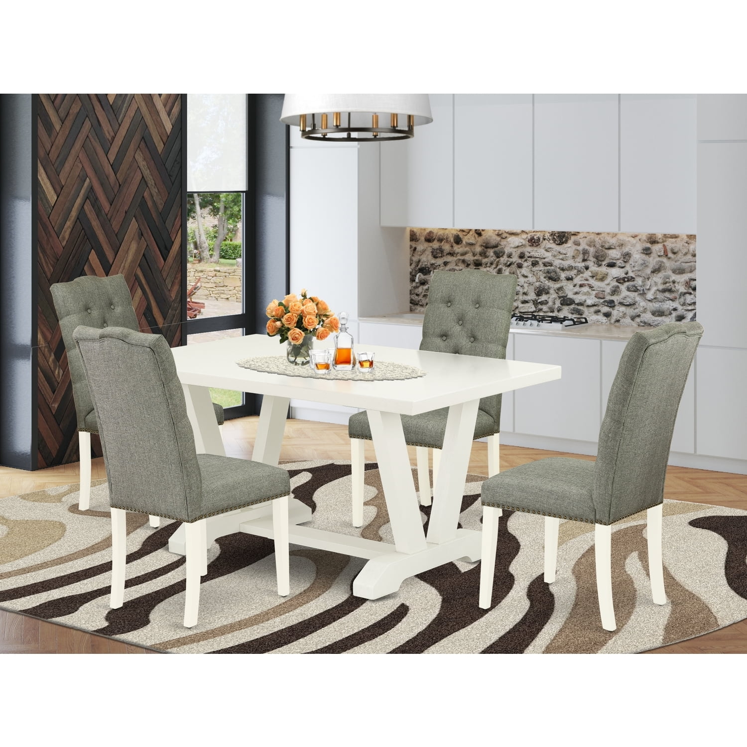 HomeStock Mountain Majesty 5 Piece Dining Room Table Set Included 4 Parson Dining Chairs And Rectangular Dining Table With Linen White Table Top