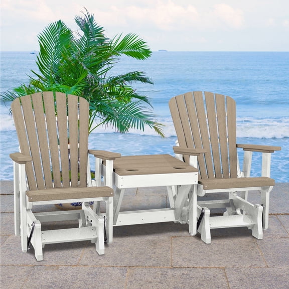 HomeStock Mountain Majesty Double Glider with Center Table in Weatherwood with a White Base