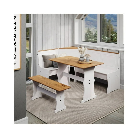 HomeStock Mountain Majesty Solid Pine Corner Dining Booth in Distressed White, 68"x68"x33.46" for Efficient Seating with Antique Honey Brown Accents