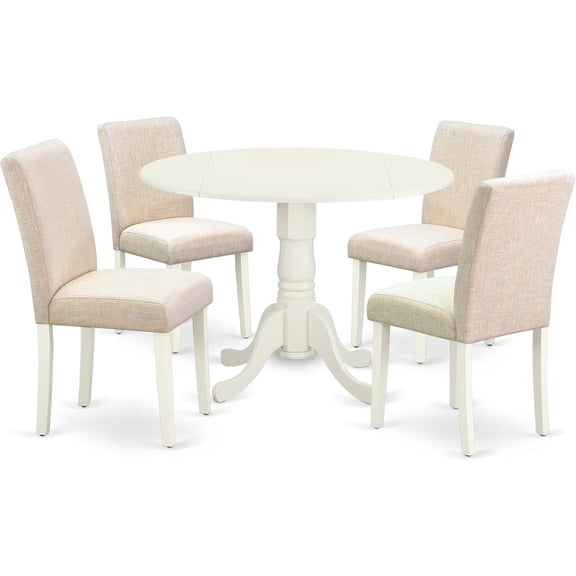 HomeStock 5 Piece Dining Room Table Set Includes a Round Kitchen Table with Dropleaf and 4 Light Beige Linen Fabric Parson Dining Chairs, 42x42 Inch,Linen White