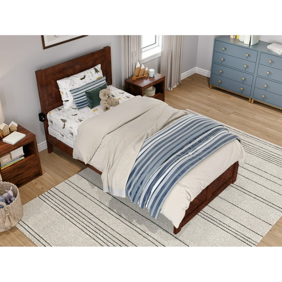 Twin Bed Frame with Footboard - Walnut Wood Platform Bed - Modern Farmhouse Style