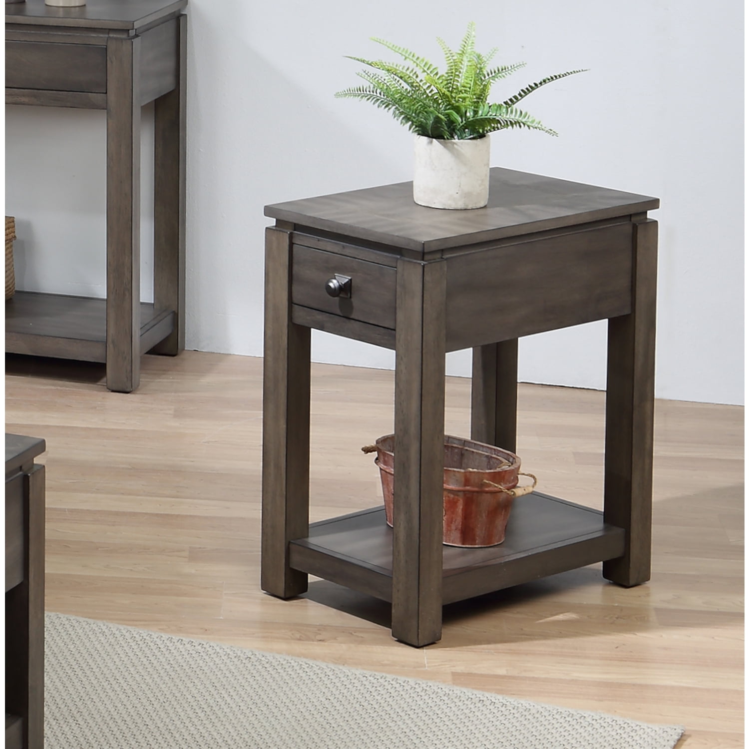 Gray Wood Narrow End Table with Drawer and Shelf