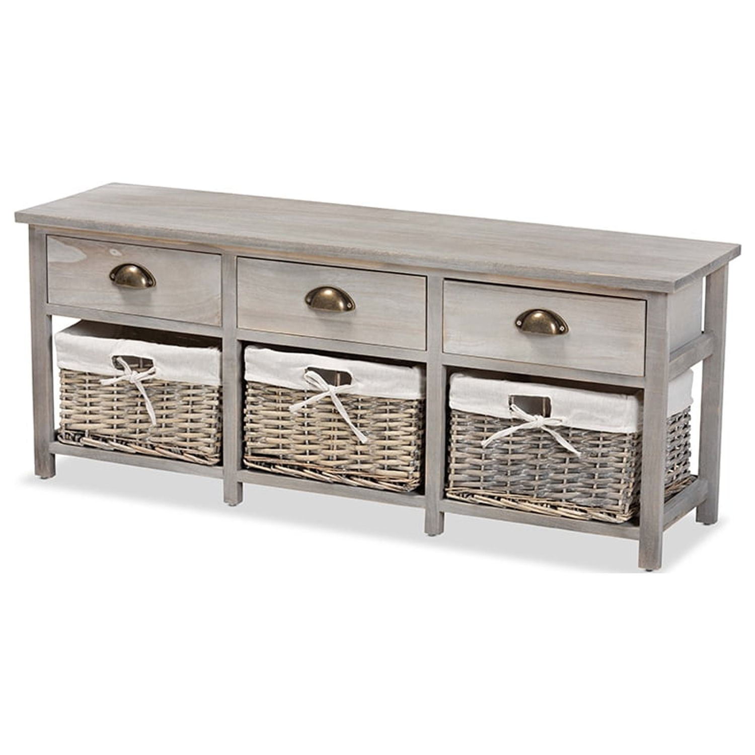 Mabyn Light Grey Wood & Wicker 3-Drawer Storage Bench