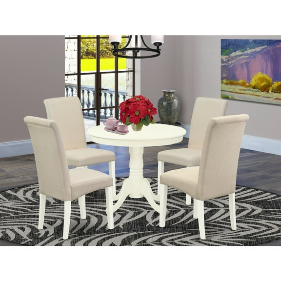 Modern 5 Piece Kitchen Dinette Set - Round Table4 Parsons Chairs - 36 Inch - Linen White