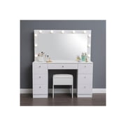 HomeStock Natural Beauty Luxury Makeup Desk with Mirror, 11 Lights, Adjustable Brightness & 3 Lighting Modes, 7 Soft-Close Drawers, Crystal Knobs, USB & Power Outlets