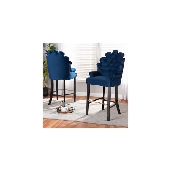 HomeStock Natural Beauty Modern and Contemporary Navy Blue Velvet Upholstered and Dark Brown Finished Wood 2-Piece Bar Stool Set, Ideal for Bar and Pub Height Dining Tables, Versatile Seating Stools