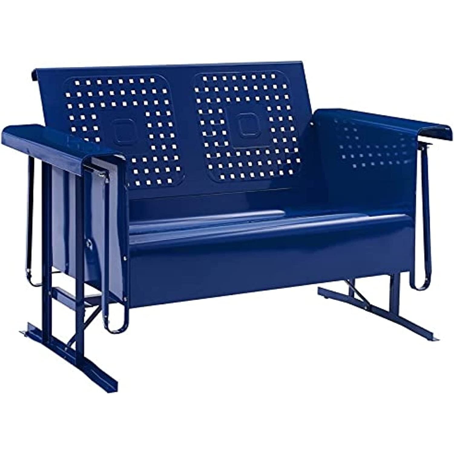 Navy Retro Metal Outdoor Loveseat Glider with Basket Weave Design