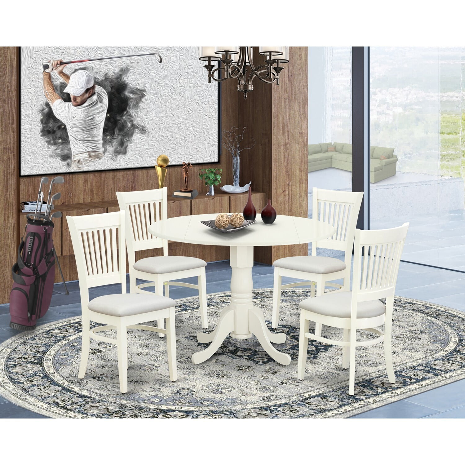 HomeStock Naturally Nice 5Piece Kitchen Table Set 4 Dining Chairs With Linen Fabric Seat And Slatted Chair Back Drop Leaves Dining Table Linen White