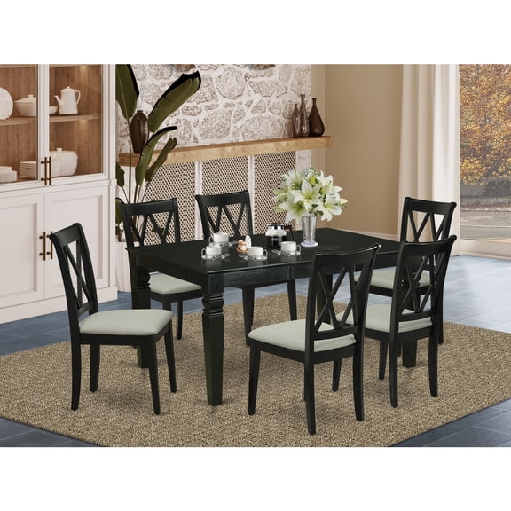 HomeStock Naturally Nice 7Pc Dinette Set Includes A Rectangular Kitchen Table With Butterfly Leaf And Six Double X Back Linen Seat Dining Chairs, Black Finish