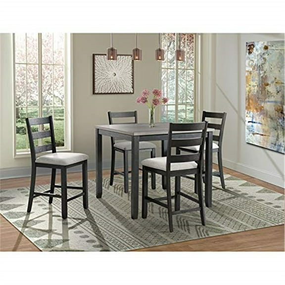 HomeStock Naturally Nice Gray 5PC Counter Height Dining Set-Table & Four Chairs, Two-Tone Table Finish, Square Table, Wire Brush Finish, Grey Upholstered Seats