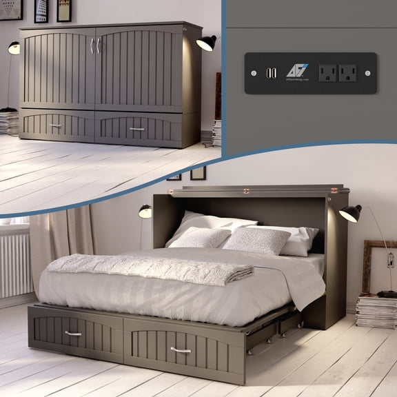 Queen Murphy Bed Chest with Charging Station - Space Saving Bed, Grey Finish, Home Furniture