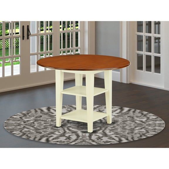 HomeStock Naturally Nice Round Drop Leaf Kitchen Table With Two Storage Shelves, Buttermilk And Cherry Finish, Two 11-Inch Leaves For Compact Spaces, 42" D x 29.5" H