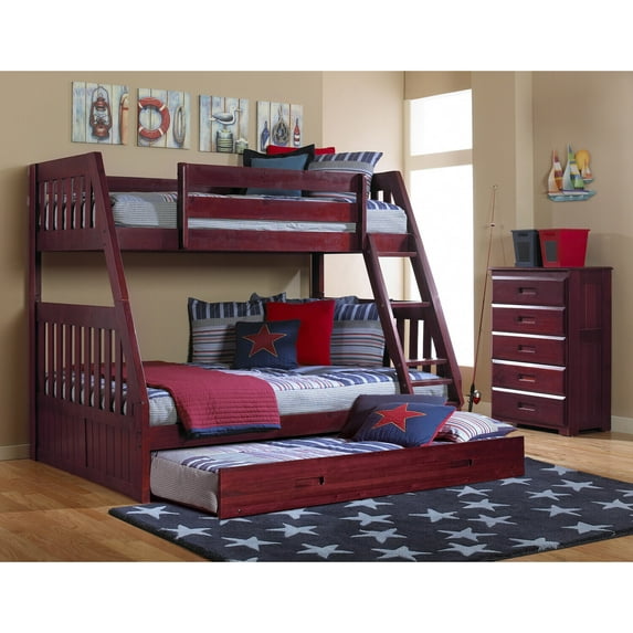 HomeStock Naturally Nice Solid Pine Twin over Full Bunk Bed with Roll Out Twin Trundle Bed in Rich Merlot.