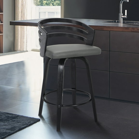Counter Height Swivel Barstool - Black Wood & Grey Faux Leather - 26" Stool
