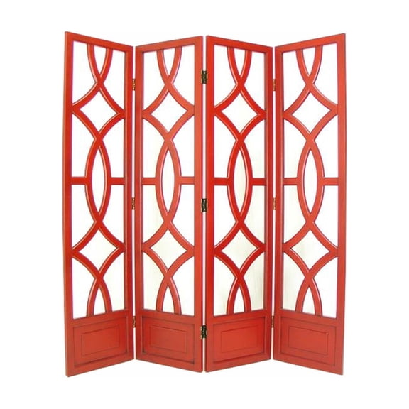 HomeStock Neo-Classical Nostalgia 4 Panel Room Divider with Open Geometric Design Red 1" x 72" x 76" Wood Construction with Intersecting Circles Design