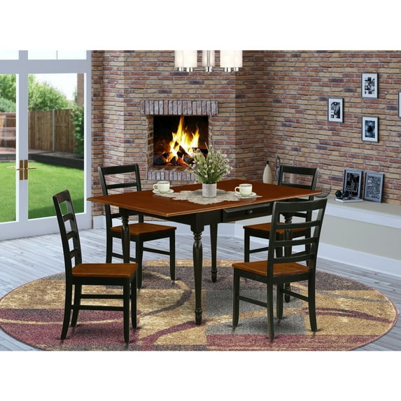 Neo-Classical Dining Set - 5 Pc Wood Table & Chairs - Rectangle Drop Leaf Table - Black Cherry Finish