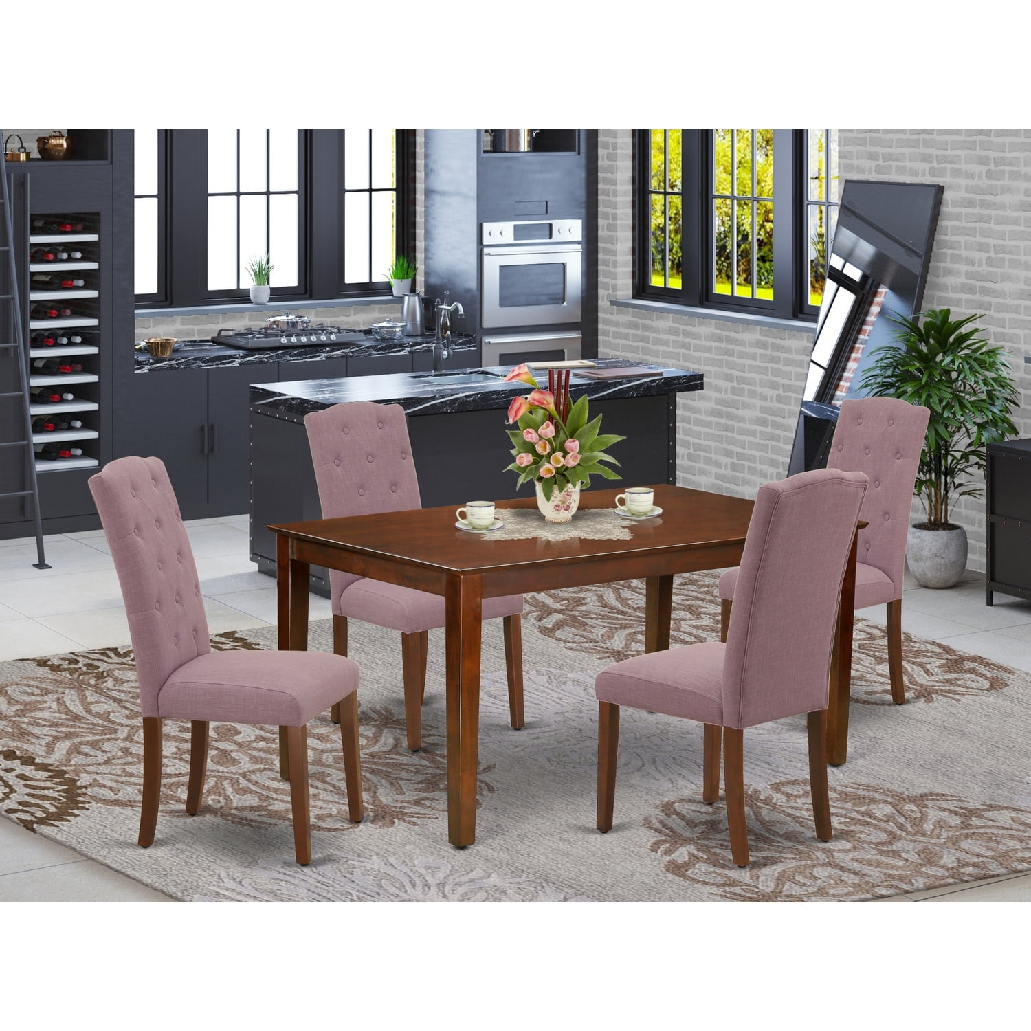 Mahogany Rectangular Dining Table with Dahlia Upholstered Chairs