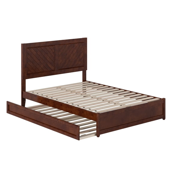 HomeStock Neo-Classical Nostalgia Full Platform Bed with Panel Footboard and Twin Trundle, Walnut, 77.87"x44.29", Includes USB Charger
