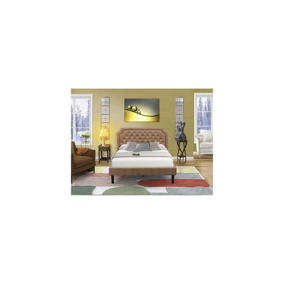 HomeStock Nordic Haven 2 Piece Platform Bed Set with a Button Tufted Platform Bed and 1 Distressed Jacobean End Table Brown Faux Leather with Brown Texture and Black Legs
