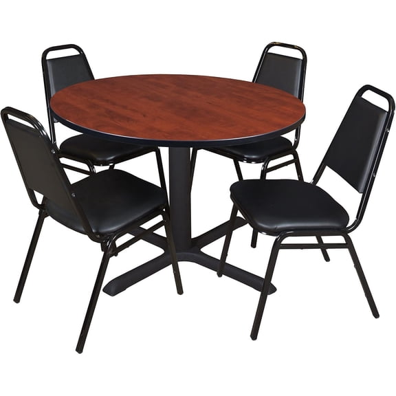 HomeStock Nordic Haven 48" Round Breakroom Table- Cherry & 4 Restaurant Stack Chairs- Black, Ideal for Cafeterias, Dining, and Office Spaces